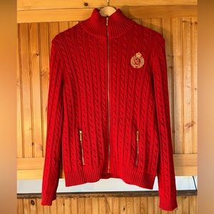 Lauren Ralph Lauren Sweater Red Cable Knit Stand Collar Zip Pockets Size L